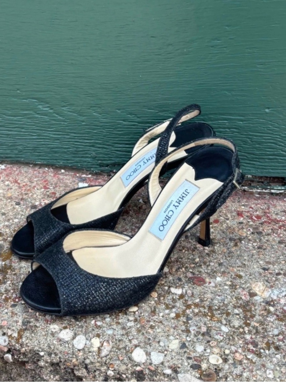 Jimmy Choo Black Open-Toe Slingback Heels